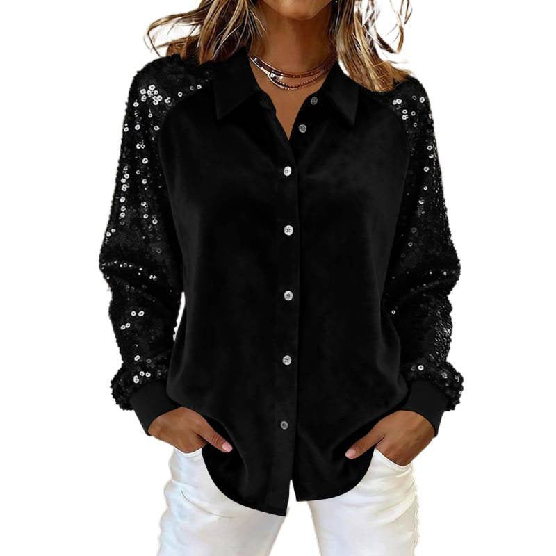 new arrival: gold velvet patchwork sequin long-sleeve shirt