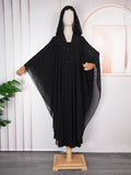 e-commerce black beaded robe african plus size women's hooded two capsules button bat sleeve dress