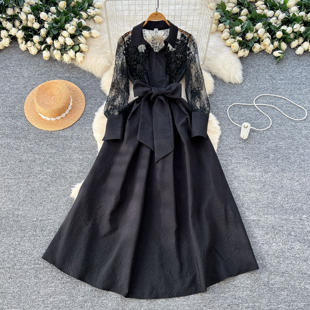 Vintage-inspired, luxe, and high-end polo collar dress - women's summer mesh embroidered textured design, unique and elegant maxi dress