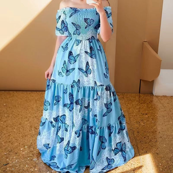 Foreign trade women's clothing European and American  new skirts Sexy one-word shoulder fashion off-the-shoulder floral dress Long dress