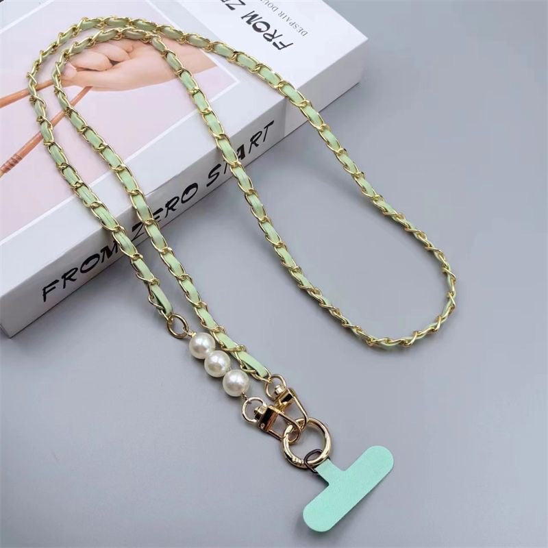 Mobile phone lanyard small fragrant pearl pickup chain long crossbody mobile phone hanging chain metal leather pendant bag chain