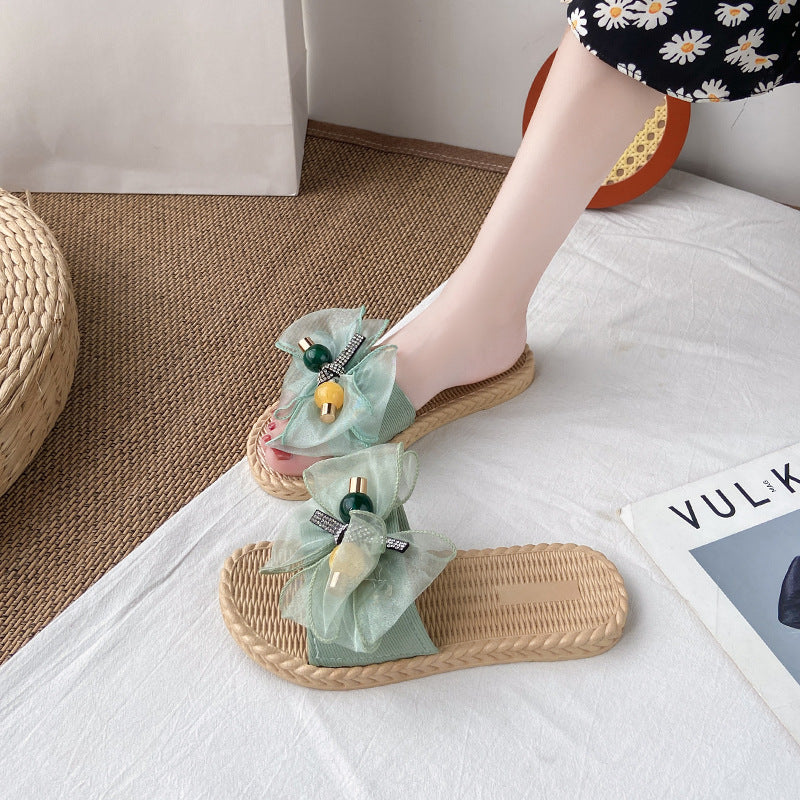 Women's sandals & slippers - 2021 summer new arrivals: fairycore style, bow accent, outdoor wear, vacation beach, flat one-strap slides