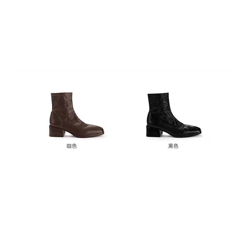 Influencer-approved korean-style square-toe, washed horsehide, slim-fit ankle boots for women. new autumn collection featuring chunky heels and a trendy bare-leg design