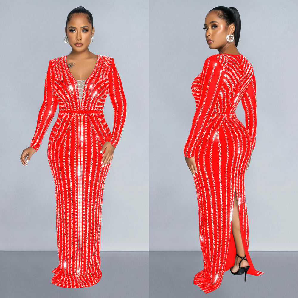 C6809 cross-border   fashion women's solid color rhinestone long sleeve slit maxi dress