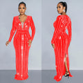 C6809 cross-border   fashion women's solid color rhinestone long sleeve slit maxi dress