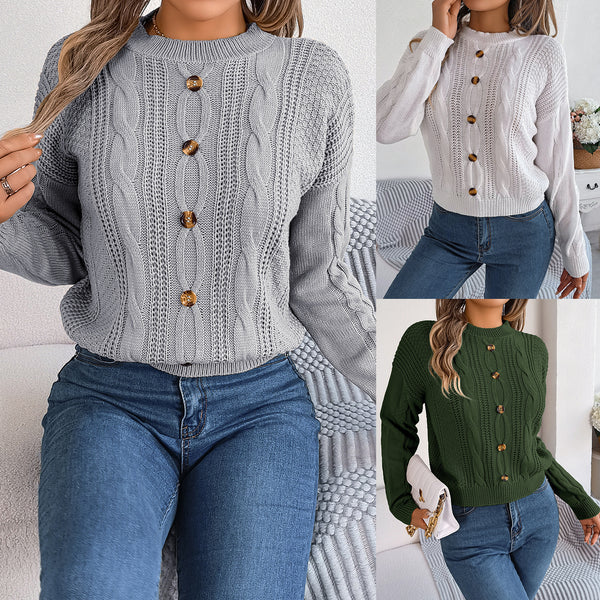 ins wind real shot autumn and winter casual solid color button twist long-sleeved pullover sweater, independent station  European and American women's clothing