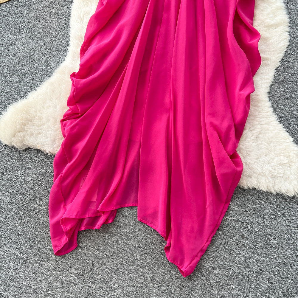 Vacation style blue halterbacklessdress women's summer high waist a-line long skirt elegantwork clothingasymmetrical large skirt