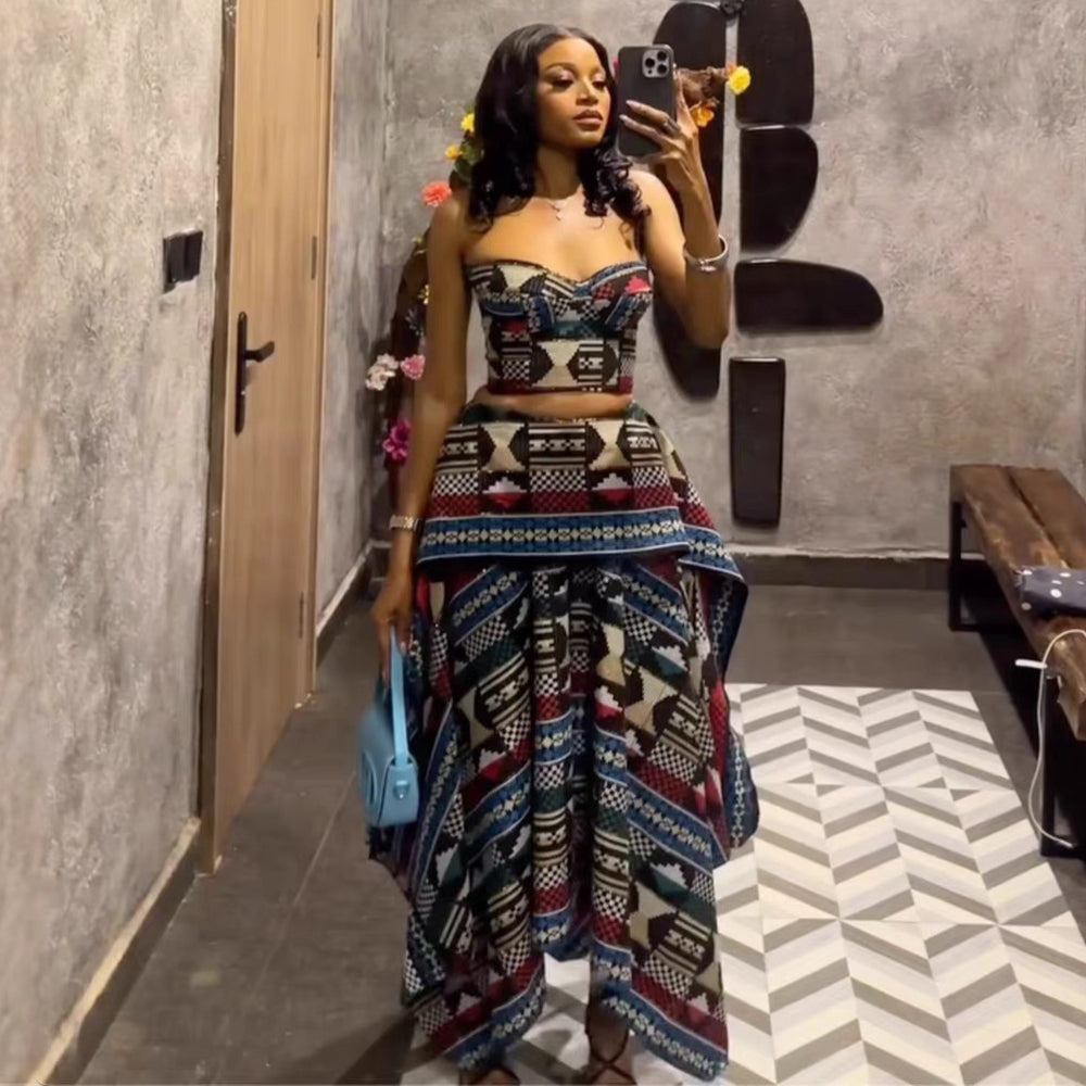 European and american cross-border women's fashion  summer new sexy chic printed bandeau top and asymmetrical midi skirt set