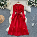 Miya pleated european and american dress for women,  autumn fashion, beaded floral detail, tie-waist, elegant pleated maxi dress