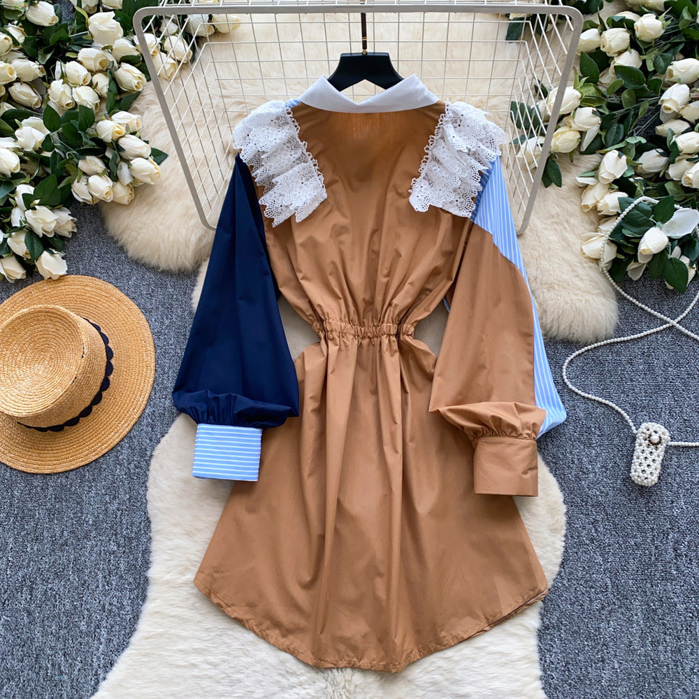 Vintage patchwork two-piece look shirt dress - women's summer long sleeve striped cinched waist midi work dress