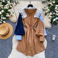 Vintage patchwork two-piece look shirt dress - women's summer long sleeve striped cinched waist midi work dress