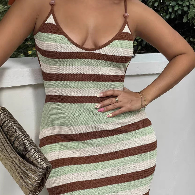 knitted maxi dress - european & american style sleeveless cutout backless striped sundress