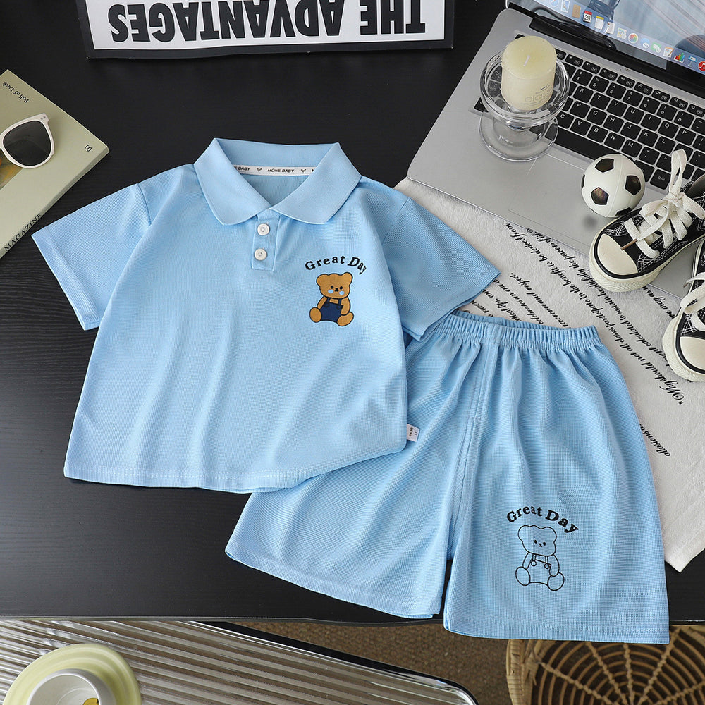 Kids' polo shirt set - boys' and girls' turn-down collar t-shirt, summer waffle knit short sleeve and shorts outfit, wholesale children's clothing (sizes for mid-to-large children)