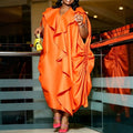 African plus size new loose ruffle batwing sleeve dress - pleated waist, flowy solid color maxi dress