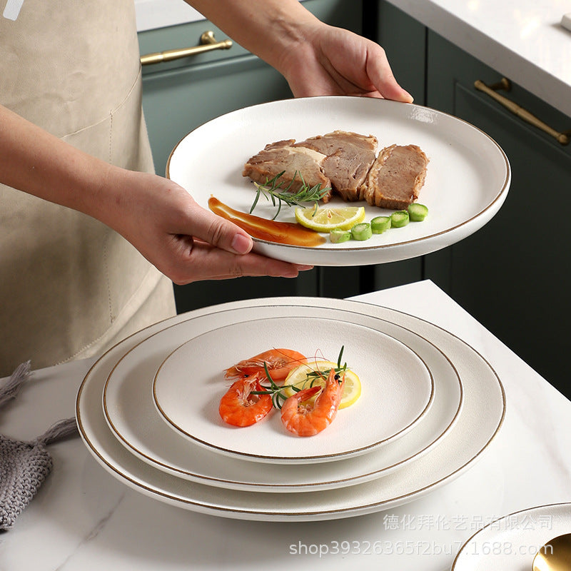 Ceramic matte white western dinner plate, matte steak plate, wear-resistant pasta plate, gold-rimmed matte dinner plate - wholesale from manufacturer
