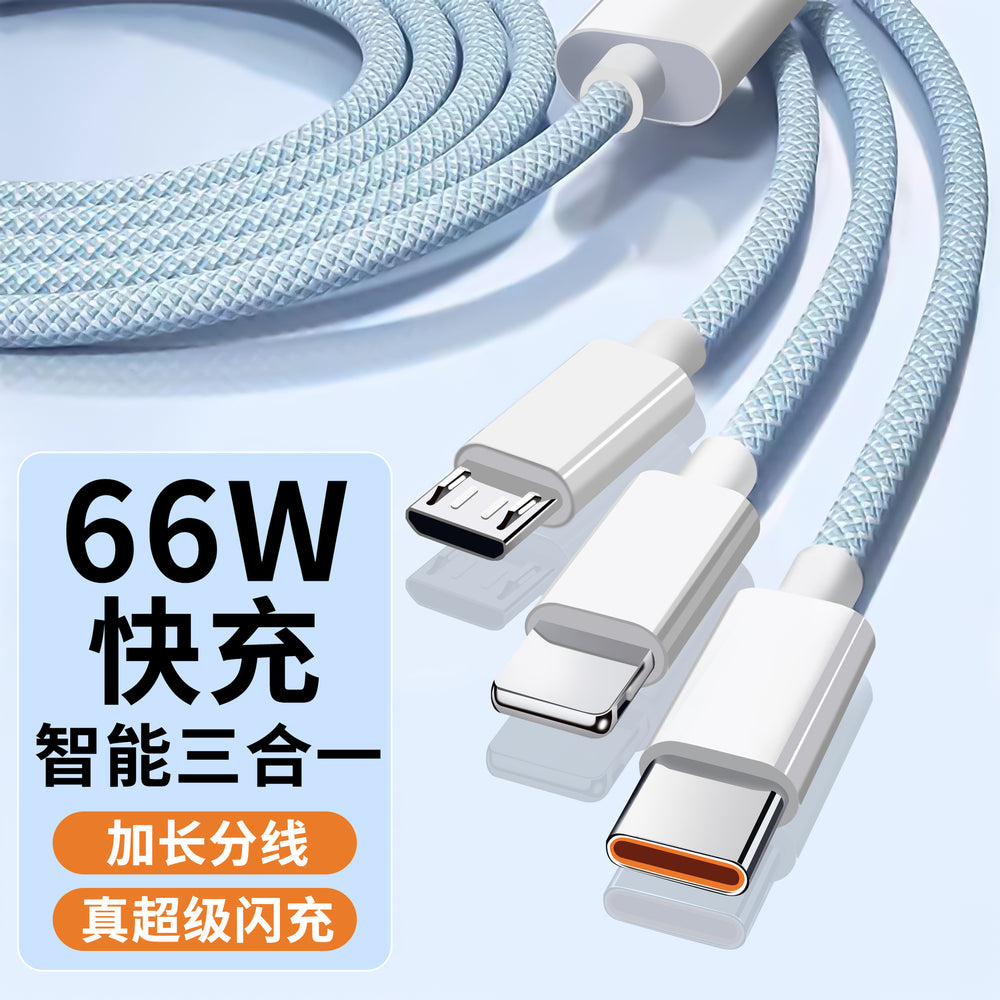 66w fast charging 3-in-1 braided data cable - macaron color, single to triple, car mount compatible, multi-head, suitable for apple, huawei, and android devices
