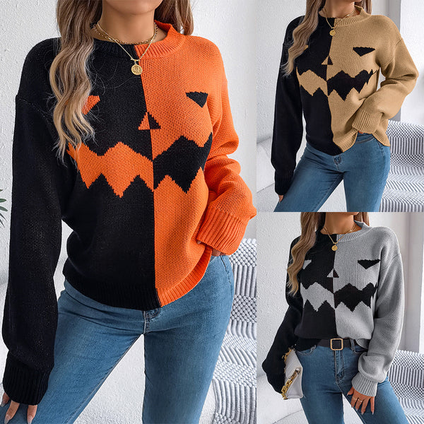 Real autumn and winter Halloween ghost pumpkin contrasting color long-sleeved pullover sweater,    women's clothing