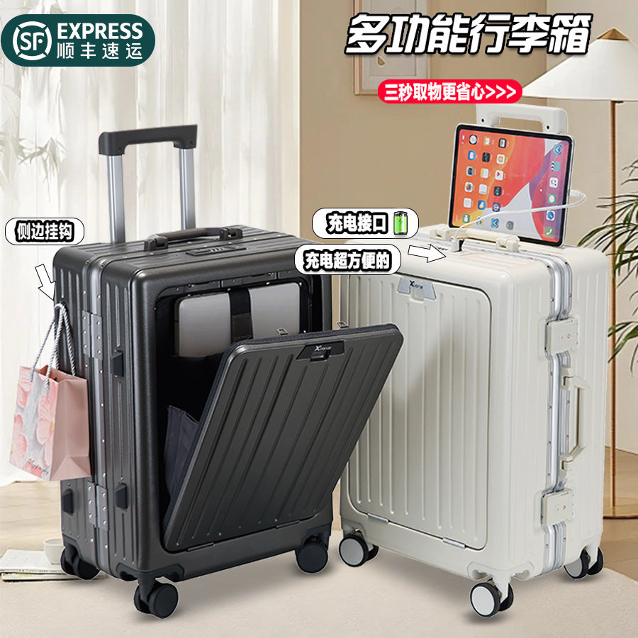 20-Inch aluminum frame front open suitcase women's small, lightweight and multi-functional charging travel trolley case password box