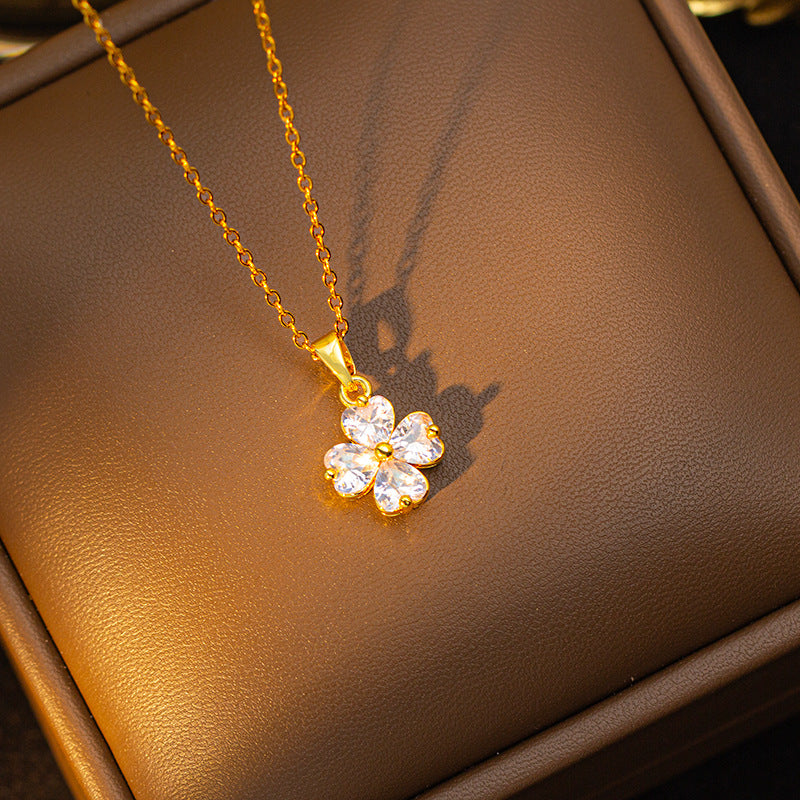 popular zircon-inlaid four-leaf clover necklace accessible luxury niche women's fashion non-fading clavicle chain earrings jewelry set