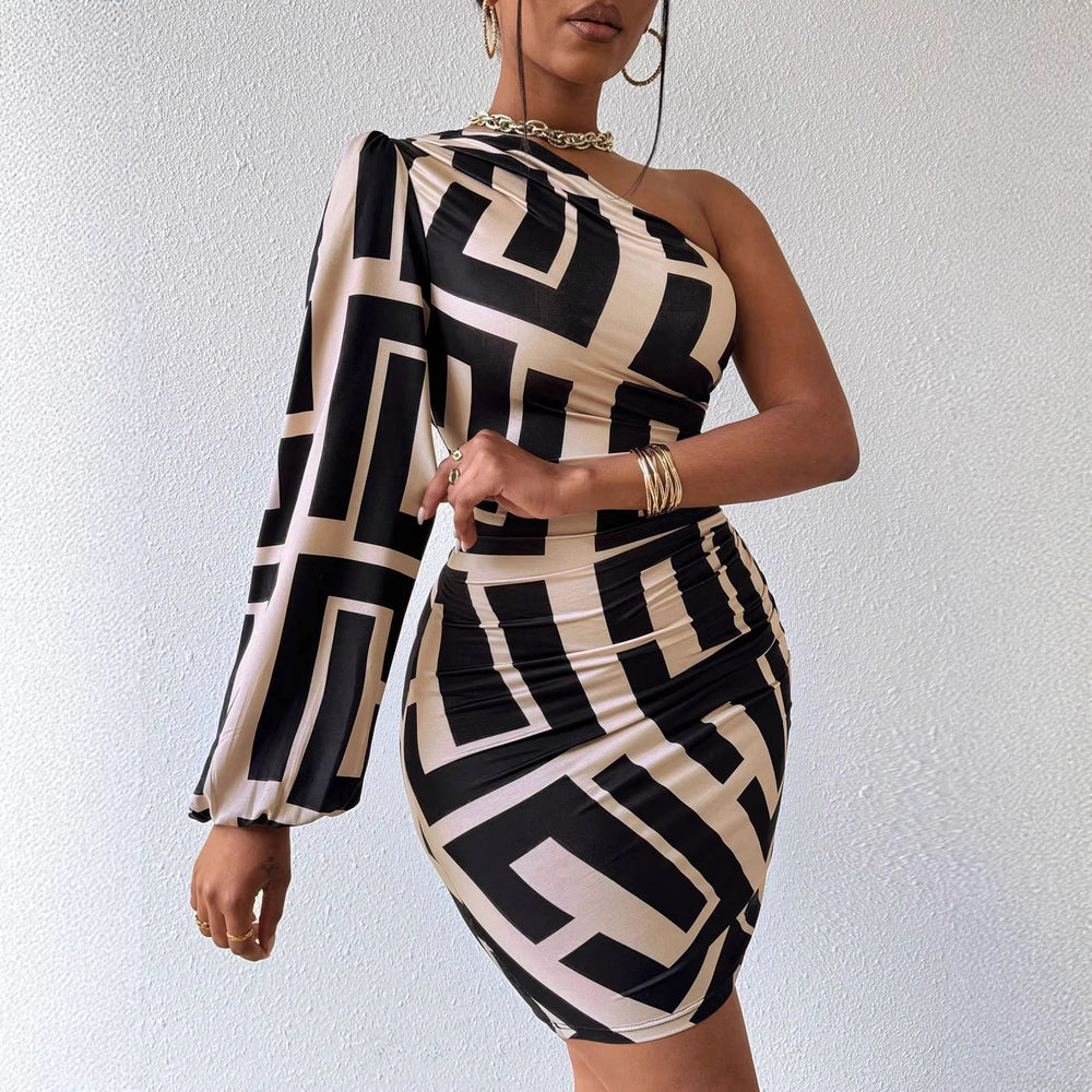 spring/summer european and american geometric print pullover one-shoulder slim-fit women's dress - elegant and chic