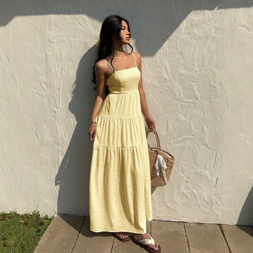 european and american cross-border yellow french style sleeveless slip dress