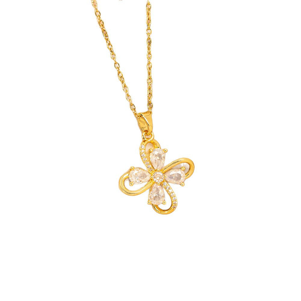 【titanium steel】hot-selling korean & japanese style hollow flower necklace - women's high-end, unique, and light luxury copper-inlaid zircon clavicle chain jewelry