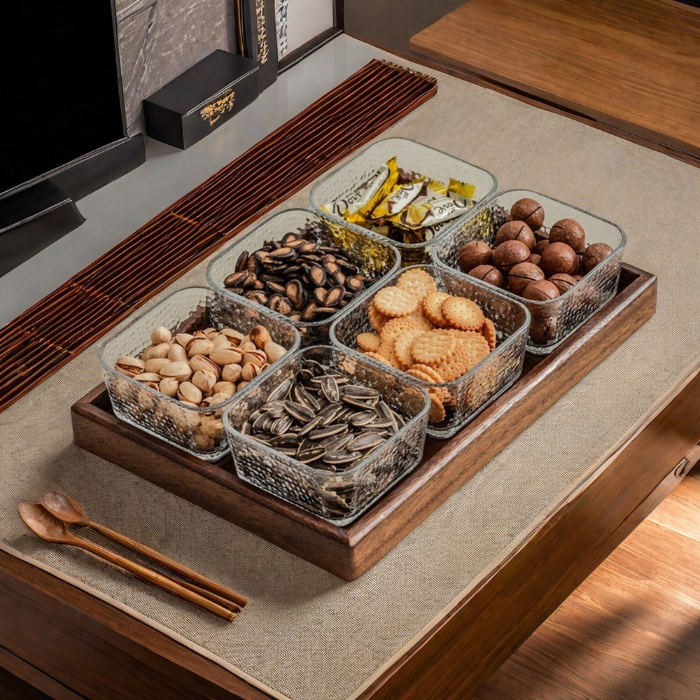 Walnut glass fruit plate living room for home high-end light luxury grid dried fruit plate new chinoiserie snack tea fruit plate