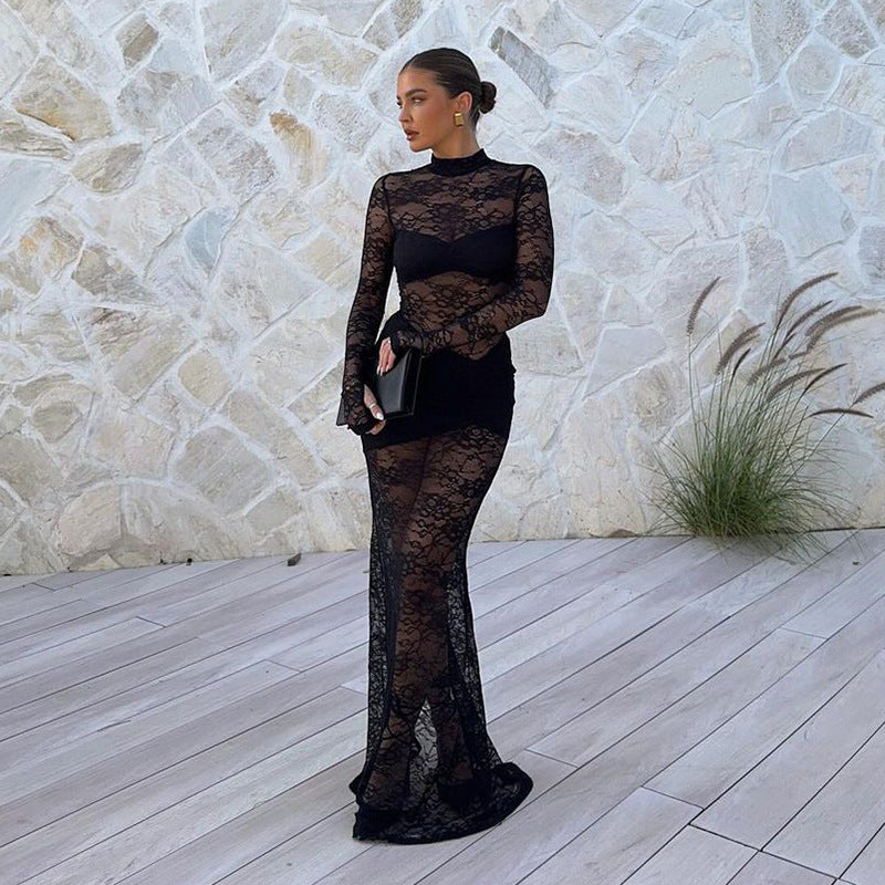 european and american women's clothing  spring new arrivals: spicy girl style sexy hollow-out see-through long bodycon mini dress