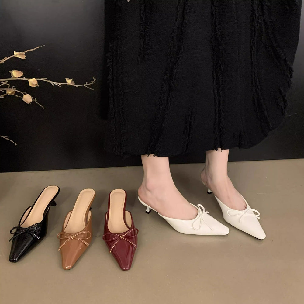 2025 summer new bowknot mid-heel mule sandals - closed toe, plus size, high heel single shoes, summer slippers