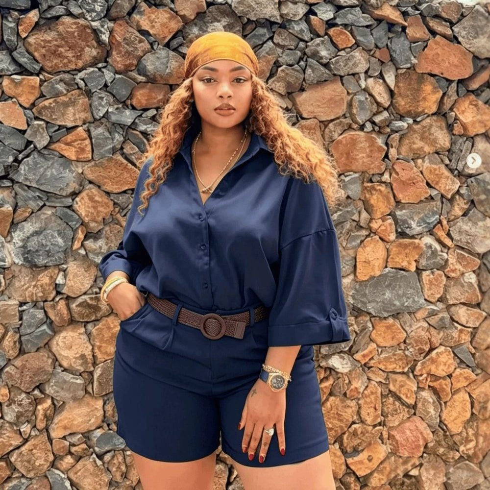 african women's clothing  summer new collection: casual solid color loose plus size blouse and high-waisted shorts fashion set
