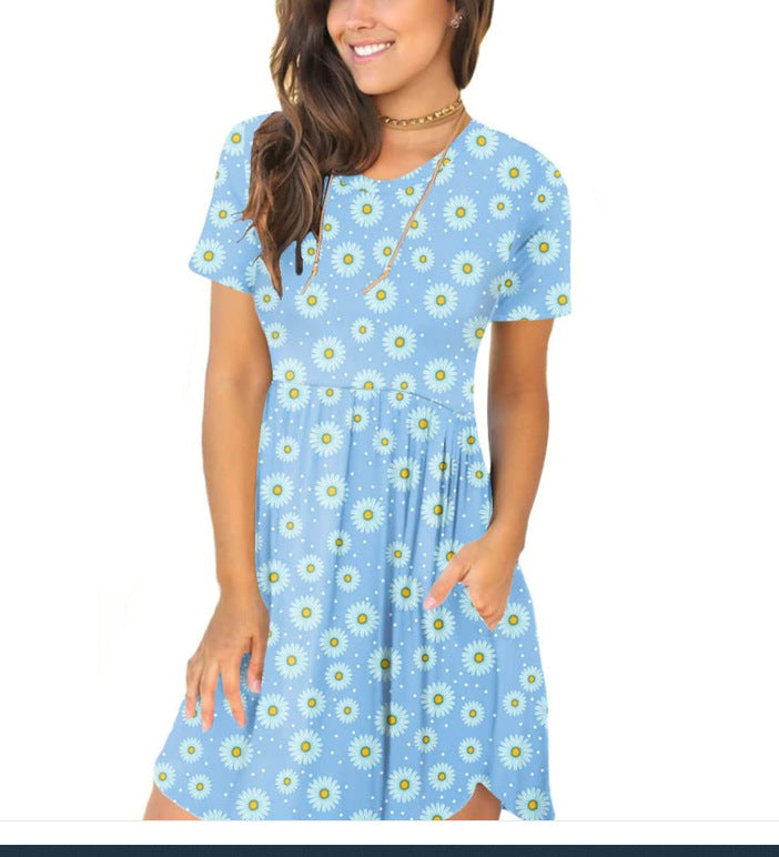 european and american  women's casual crew neck printed pullover short sleeve ruched pocket dress