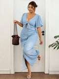 new arrival: plus size women's bubble sleeve, tie-front, slit maxi denim dress - perfect for , , and european & american markets