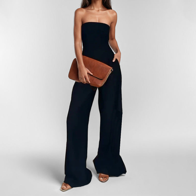 cross-border european and american women's clothing: new summer collection - elegant solid color bandeau high-waisted slimming wide-leg jumpsuit
