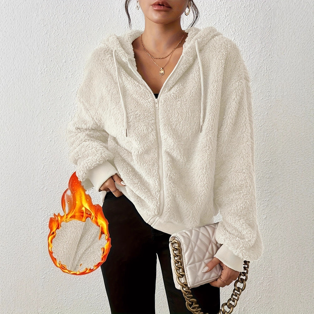 women's casual hooded fleece jacket warm long sleeve outerwear - minimalist style hooded zip-up jacket