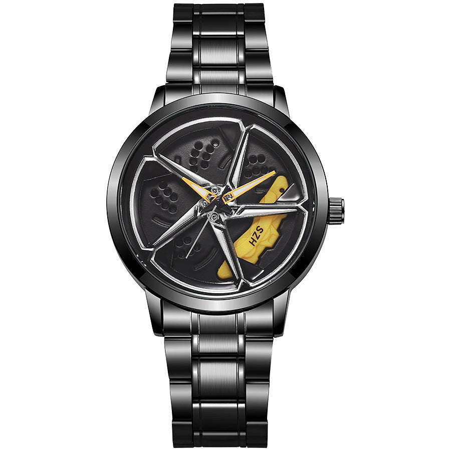 New hollow-out creative tech men's steel band watch with rotating bezel - cross-border quartz watch