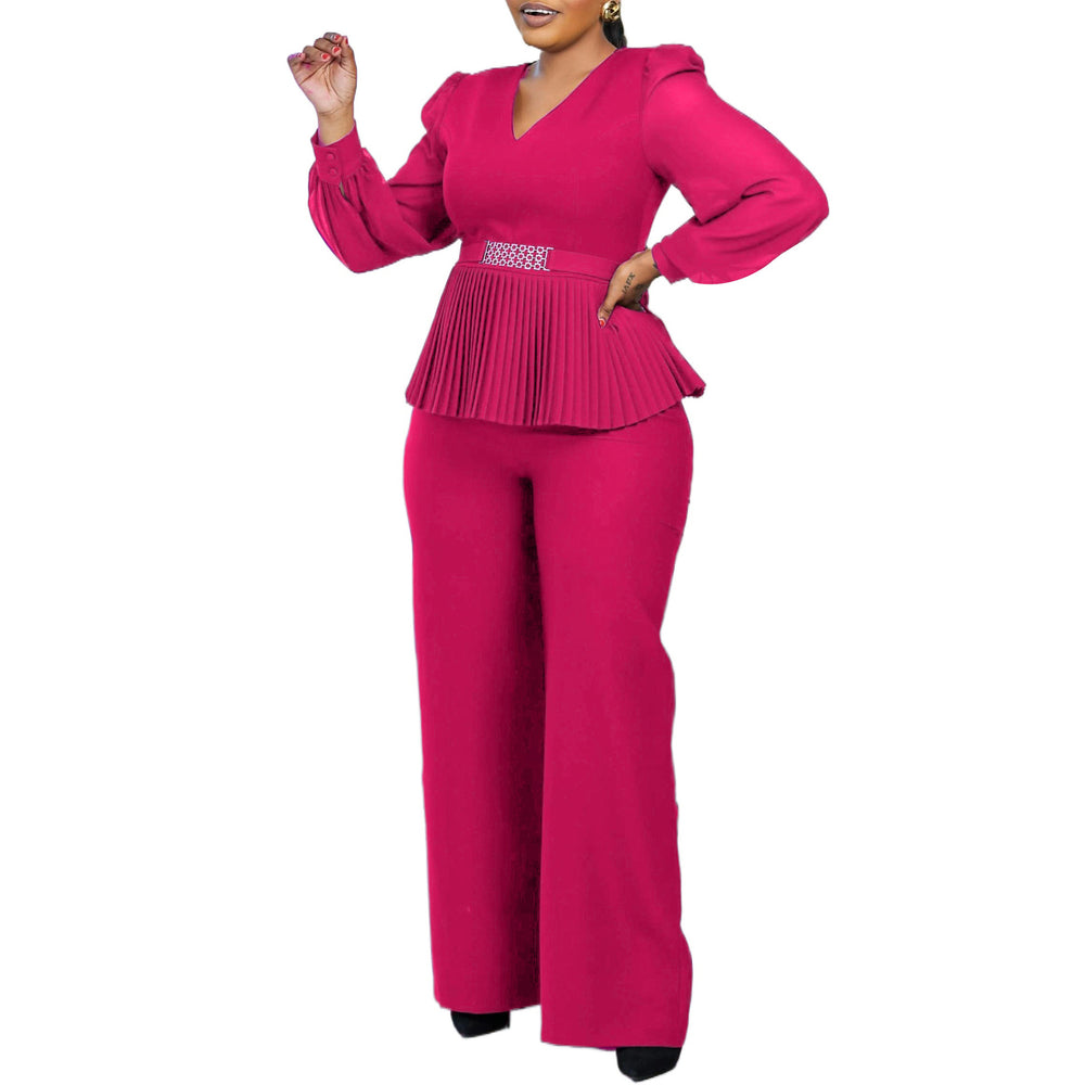 D555 cross-border women's elegant & chic office outfit: v-neck long sleeve ruched waist top & wide leg pants set