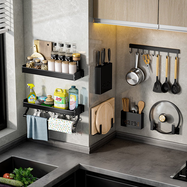 Kitchen shelf Wall-mounted non-punching black multi-functional pendant Cutting board Knife holder Seasoning storage hanger set