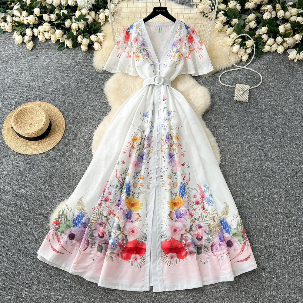 French dress women's  spring elegance deep v neck single breasted small flying sleeves waist large swing printing vacation long skirt