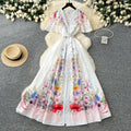 French dress women's  spring elegance deep v neck single breasted small flying sleeves waist large swing printing vacation long skirt