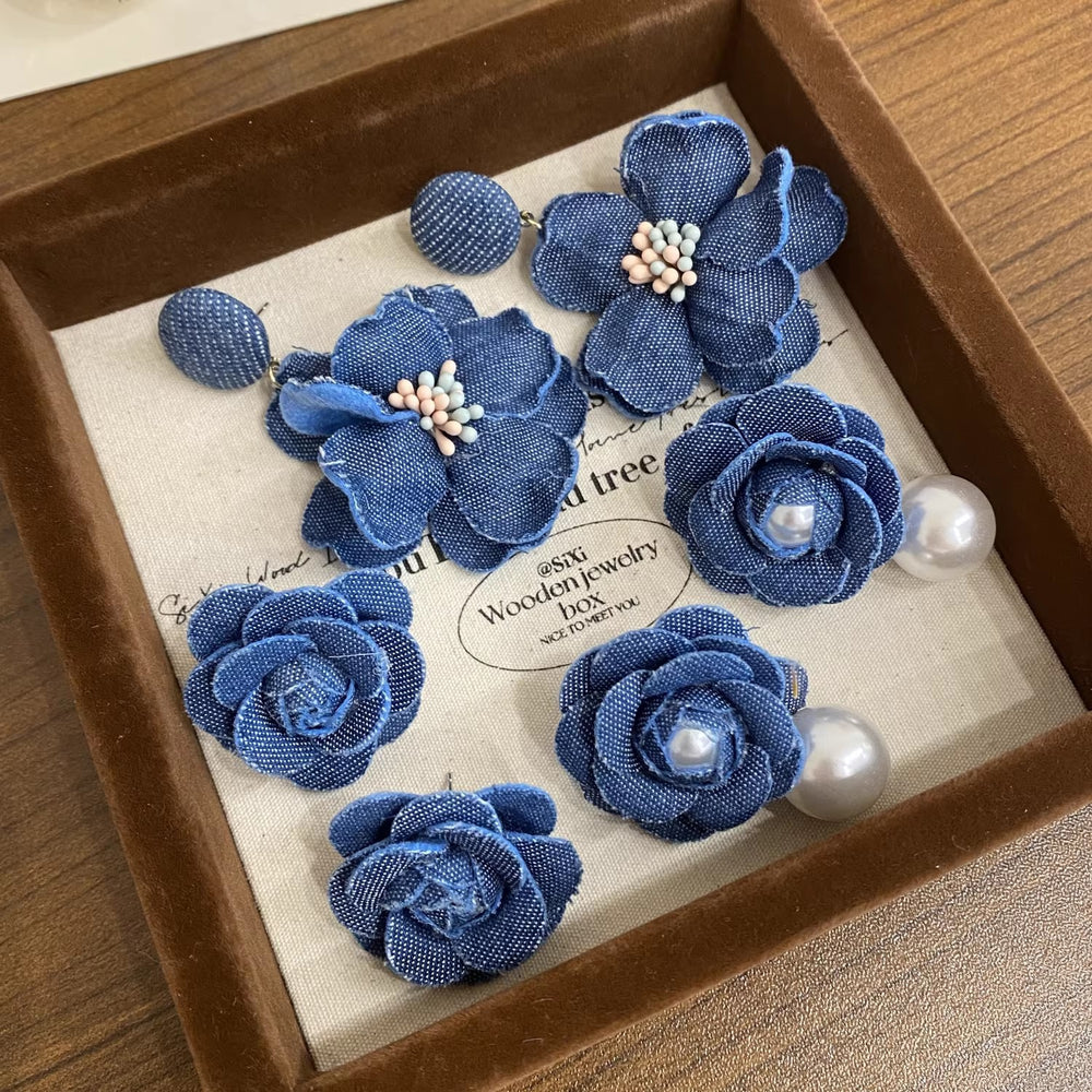 Hong kong style retro denim blue flower earrings niche style exaggerated sense of design earrings for women with square and round faces to show small faces earrings