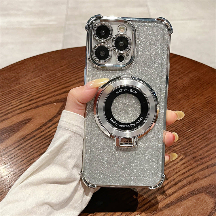 Suitable for apple 16pro four-corner anti-fall electroplated mobile phone case iphone15/14 glitter ring holder protective cover