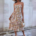spring/summer new arrival: cross-border women's strapless dress with ruffle hem and sexy, elegant floral print