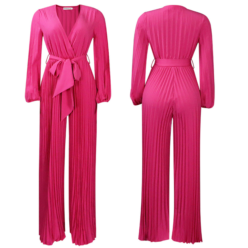 C8468   european and american summer new v-neck sexy tie-up pleated wide-leg plus size foreign trade jumpsuit