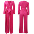 C8468   european and american summer new v-neck sexy tie-up pleated wide-leg plus size foreign trade jumpsuit