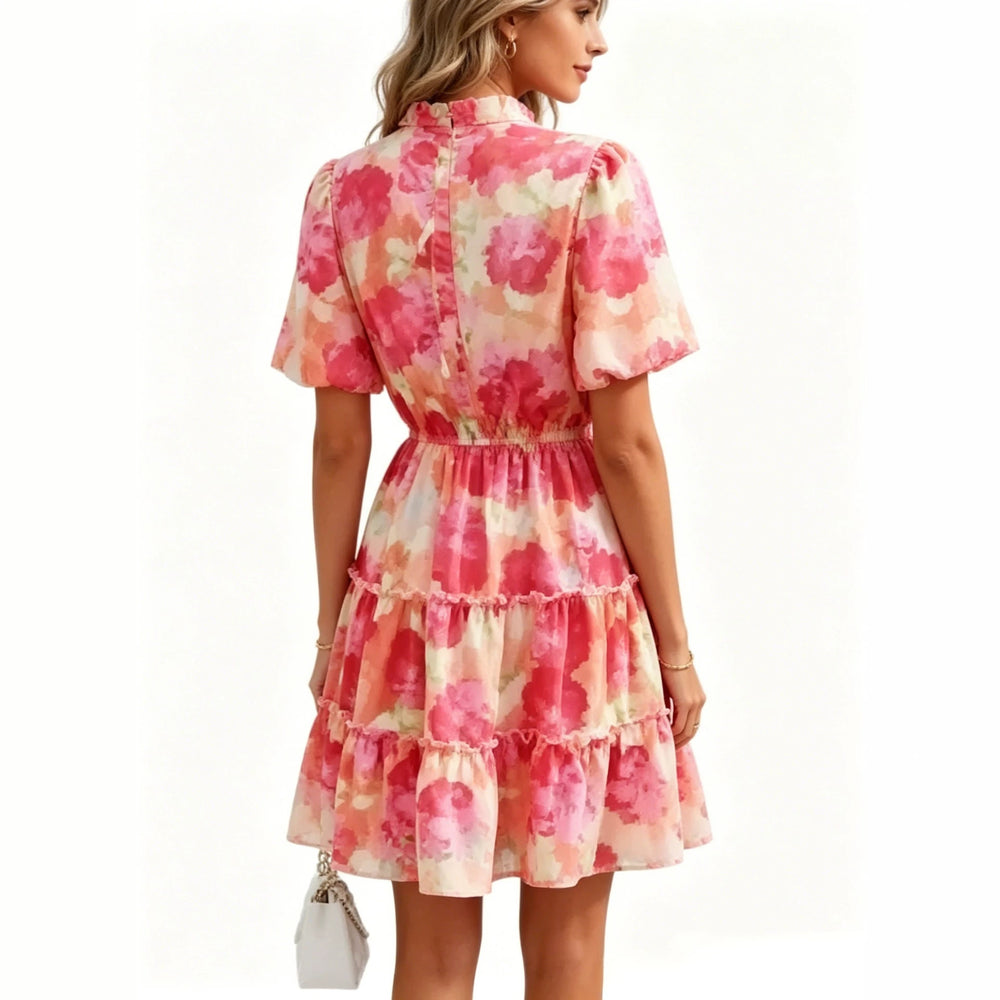 0 european and american cross-border summer women's elegant vacation print tie-strap short sleeve dress