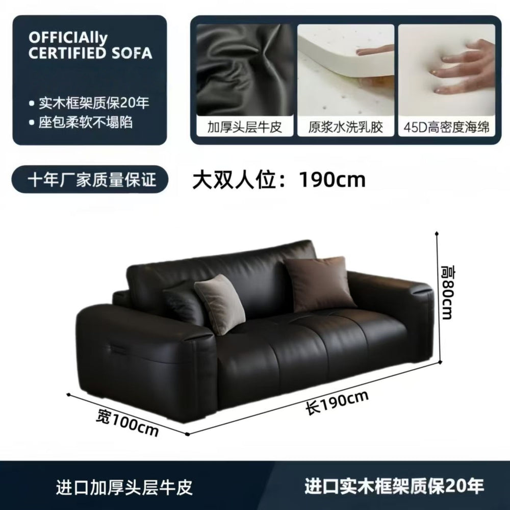 Italian minimalist genuine leather sofa, perfect for small apartments. black, top-grain cowhide, straight-row, high-end leather sofa for home living rooms