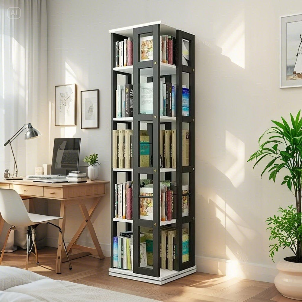 Rotating student bookshelf bookcase, mobile multi-tier kids storage floor rack, simple organizer, multifunctional living room shelf