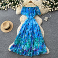 Frenchromantic style one shoulder rufflesprintingdress women's summerk-style floral waist slimming look a-line skirt