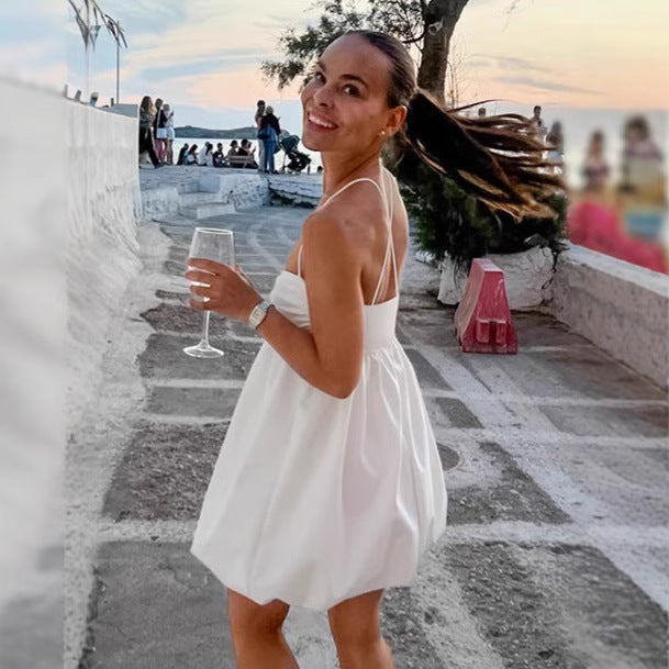 sexy white suspender skirt women 2025  summer seaside chest wrapping A-word skirt short  women's clothing