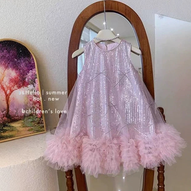summer new girls' princess dress sleeveless sequin bowknot sleeveless dress evening gown wholesale supply